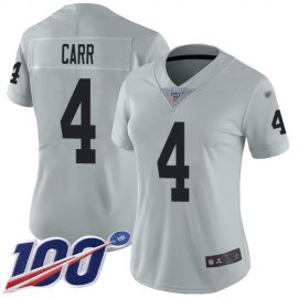Nike Las Vegas Raiders #4 Derek Carr Silver Womens Stitched NFL Limited Inverted Legend 100th Season Jersey
