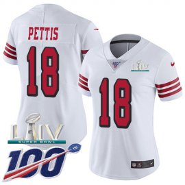Nike San Francisco 49ers #18 Dante Pettis White Super Bowl LIV 2020 Rush Womens Stitched NFL Limited 100th Season Jersey