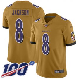 Nike Baltimore Ravens #8 Lamar Jackson Gold Mens Stitched NFL Limited Inverted Legend 100th Season Jersey