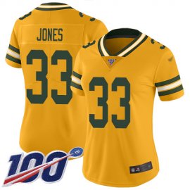 Nike Green Bay Packers #33 Aaron Jones Gold Womens Stitched NFL Limited Inverted Legend 100th Season Jersey