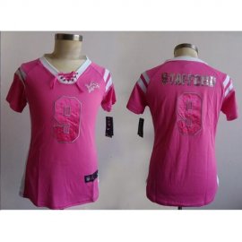 Nike Detroit Lions #9 Matthew Stafford Pink Womens Stitched NFL Elite Draft Him Shimmer Jersey