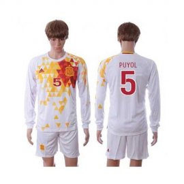 Spain #5 Puyol White Away Long Sleeves Soccer Country Jersey