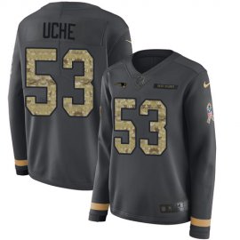 Nike New England Patriots #53 Josh Uche Anthracite Salute to Service Womens Stitched NFL Limited Therma Long Sleeve Jersey