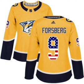 Adidas Nashville Predators #9 Filip Forsberg Yellow Home Authentic USA Flag Womens Stitched NHL Jersey