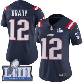 Nike New England Patriots #12 Tom Brady Navy Blue Super Bowl LIII Bound Womens Stitched NFL Limited Rush Jersey