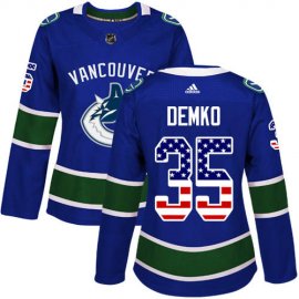 Adidas Vancouver Canucks #35 Thatcher Demko Blue Home Authentic USA Flag Womens Stitched NHL Jersey