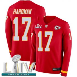 Nike Kansas City Chiefs #17 Mecole Hardman Red Super Bowl LIV 2020 Team Color Mens Stitched NFL Limited Therma Long Sleeve Jersey