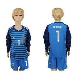 Argentina #1 Romero Blue Long Sleeves Goalkeeper Kid Soccer Country Jersey
