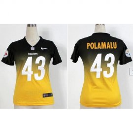 Nike Pittsburgh Steelers #43 Troy Polamalu Black/Yellow Womens Stitched NFL Elite Fadeaway Fashion Jersey