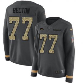 Nike New York Jets #77 Mekhi Becton Anthracite Salute to Service Womens Stitched NFL Limited Therma Long Sleeve Jersey