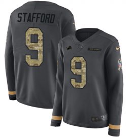 Nike Detroit Lions #9 Matthew Stafford Anthracite Salute to Service Womens Stitched NFL Limited Therma Long Sleeve Jersey