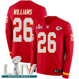Nike Kansas City Chiefs #26 Damien Williams Red Super Bowl LIV 2020 Team Color Youth Stitched NFL Limited Therma Long Sleeve Jersey