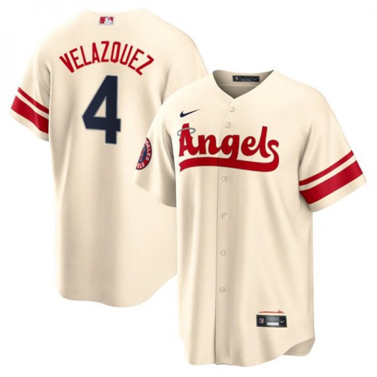 Angels 4 Andrew Velazquez Cream 2022 City Connect Cool Base Jersey Angels 4 Andrew Velazquez Cream 2022 City Connect Cool Base Jersey