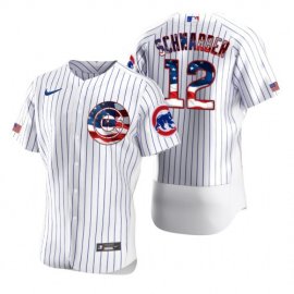 Chicago Cubs #12 Kyle Schwarber Mens Nike White Fluttering USA Flag Limited Edition Authentic MLB Jersey