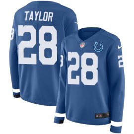Nike Indianapolis Colts #28 Jonathan Taylor Royal Blue Team Color Womens Stitched NFL Limited Therma Long Sleeve Jersey