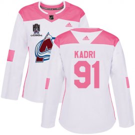 Adidas Colorado Avalanche #91 Nazem Kadri White/Pink 2022 Stanley Cup Champions Authentic Fashion Womens Stitched NHL Jersey Womens