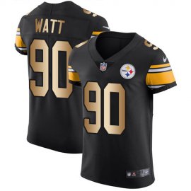 Nike Pittsburgh Steelers #90 T. J. Watt Black Team Color Mens Stitched NFL Elite Gold Jersey
