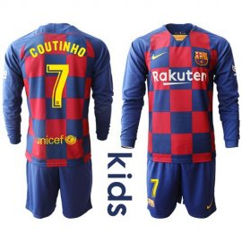 Barcelona #7 Coutinho Home Long Sleeves Kid Soccer Club Jersey