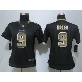 Nike New Orleans Saints #9 Drew Brees Black Team Color Womens Stitched NFL Elite Strobe Jersey