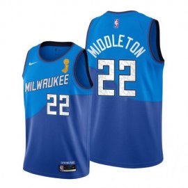 Nike Milwaukee Bucks #22 Khris Middleton Youth 2021 NBA Finals Champions City Edition Jersey Blue Youth