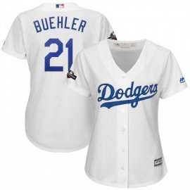 Los Angeles Dodgers #21 Walker Buehler Majestic Womens 2019 Postseason Home Official Cool Base Player Jersey White