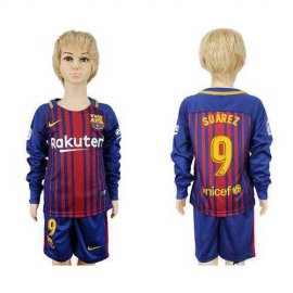 Barcelona #9 Suarez Home Long Sleeves Kid Soccer Club Jersey