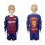 Barcelona #9 Suarez Home Long Sleeves Kid Soccer Club Jersey