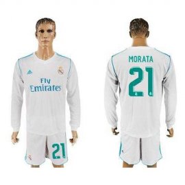 Real Madrid #21 Morata White Home Long Sleeves Soccer Club Jersey