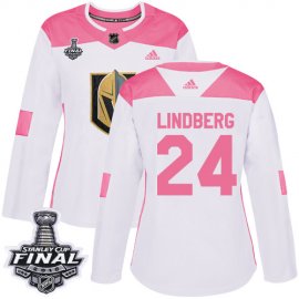 Adidas Vegas Golden Knights #24 Oscar Lindberg White/Pink Authentic Fashion 2018 Stanley Cup Final Womens Stitched NHL Jersey