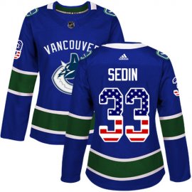 Adidas Vancouver Canucks #33 Henrik Sedin Blue Home Authentic USA Flag Womens Stitched NHL Jersey