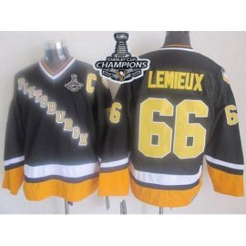 Pittsburgh Penguins #66 Mario Lemieux Black/Yellow CCM Throwback 2017 Stanley Cup Finals Champions Stitched NHL Jersey