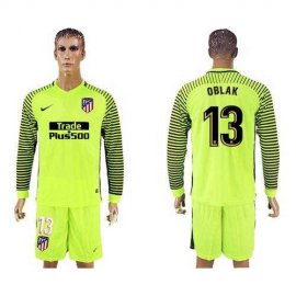 Atletico Madrid #13 Oblak Shiny Green Goalkeeper Long Sleeves Soccer Club Jersey