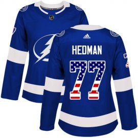 Adidas Tampa Bay Lightning #77 Victor Hedman Blue Home Authentic USA Flag Womens Stitched NHL Jersey