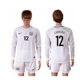 Brazil #12 Carreira White Goalkeeper Long Sleeves Soccer Country Jersey