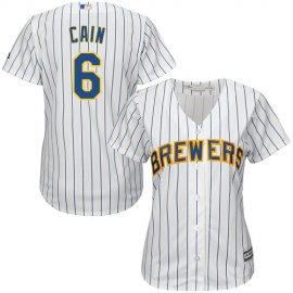 Milwaukee Brewers #6 Lorenzo Cain White Strip Home Womens Stitched MLB Jersey