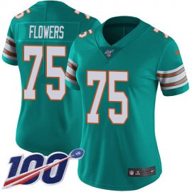 Nike Miami Dolphins #75 Ereck Flowers Aqua Green Alternate Womens Stitched NFL 100th Season Vapor Untouchable Limited Jersey