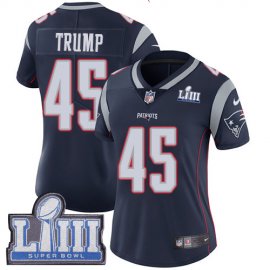 Nike New England Patriots #45 Donald Trump Navy Blue Team Color Super Bowl LIII Bound Womens Stitched NFL Vapor Untouchable Limited Jersey