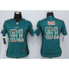 Nike Miami Dolphins #91 Cameron Wake Aqua Green Team Color Womens Stitched NFL Elite Strobe Jersey