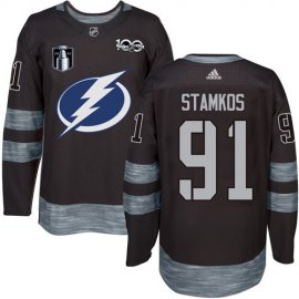 Adidas Tampa Bay Lightning #91 Steven Stamkos Black 2022 Stanley Cup Final Patch 100th Anniversary Stitched NHL Jersey Mens