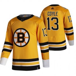 Boston Bruins #13 Charlie Coyle Yellow Mens Adidas 2020-21 Reverse Retro Alternate NHL Jersey