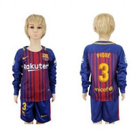 Barcelona #3 Pique Home Long Sleeves Kid Soccer Club Jersey