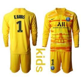 Paris Saint Germain #1 K.Navas Yellow Goalkeeper Long Sleeves Kid Soccer Club Jersey