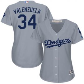 Los Angeles Dodgers #34 Fernando Valenzuela Grey Alternate Road Womens Stitched MLB Jersey