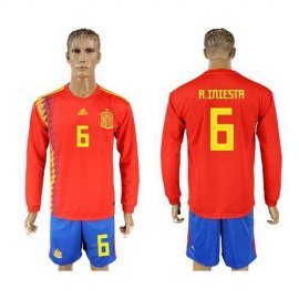 Spain #6 A.Iniesta Red Home Long Sleeves Soccer Country Jersey