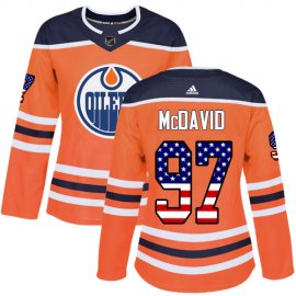 Adidas Edmonton Oilers #97 Connor McDavid Orange Home Authentic USA Flag Womens Stitched NHL Jersey
