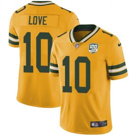 Nike Green Bay Packers #10 Jordan Love Yellow Mens 100th Season Stitched NFL Limited Rush Jersey