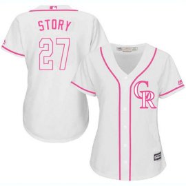 Colorado Rockies #27 Trevor Story White/Pink Fashion Womens Stitched MLB Jersey