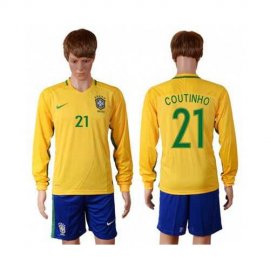 Brazil #21 Coutinho Home Long Sleeves Soccer Country Jersey