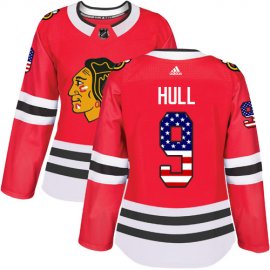 Adidas Chicago Blackhawks #9 Bobby Hull Red Home Authentic USA Flag Womens Stitched NHL Jersey
