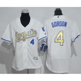 Kansas City Royals #4 Alex Gordon White Flexbase Authentic 2015 World Series Champions Gold Program Cool Base Womens Stitched MLB Jersey